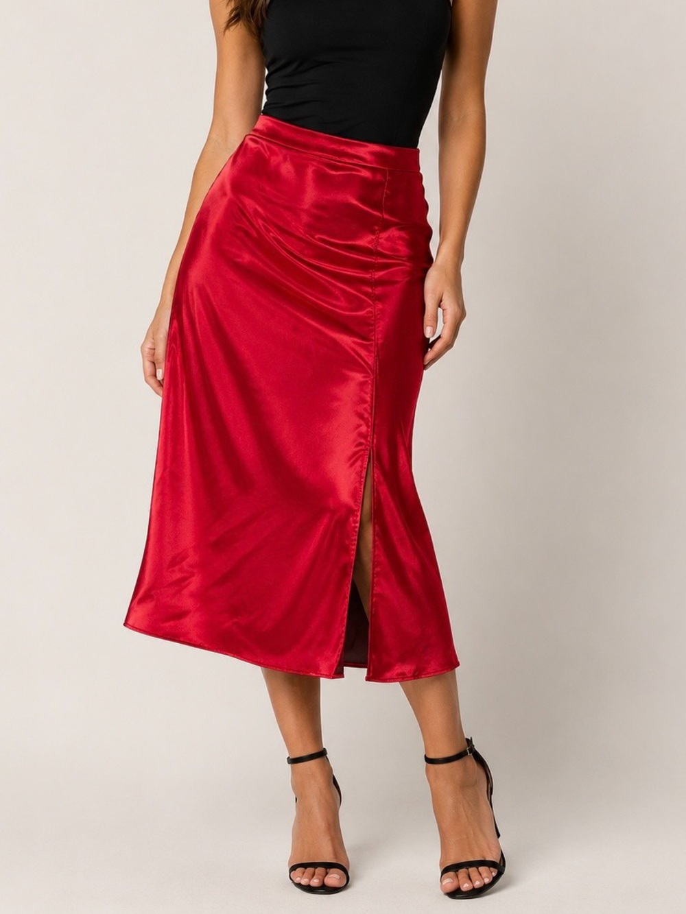 Sincerely Jules Red Satin Midi Skirt with Side Slit